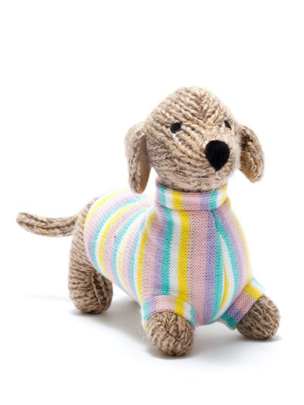 Knitted Sausage Dog Toy Pastel Stripe