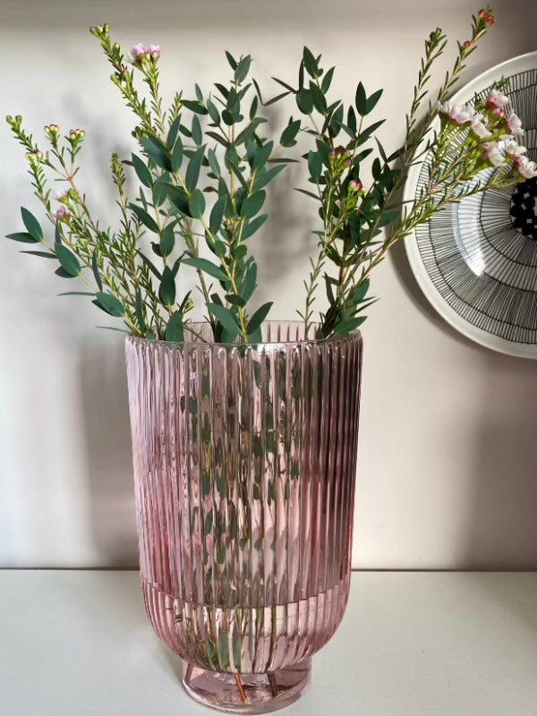 Reeded Glass Hurricane Vase Pink
