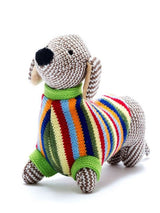 Knitted Sausage Dog Rattle – Bright Stripe