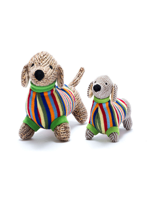 Knitted Sausage Dog Rattle Bright Stripe