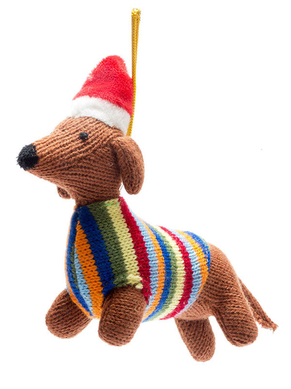 Knitted Christmas Decoration Sausage Dog Bright